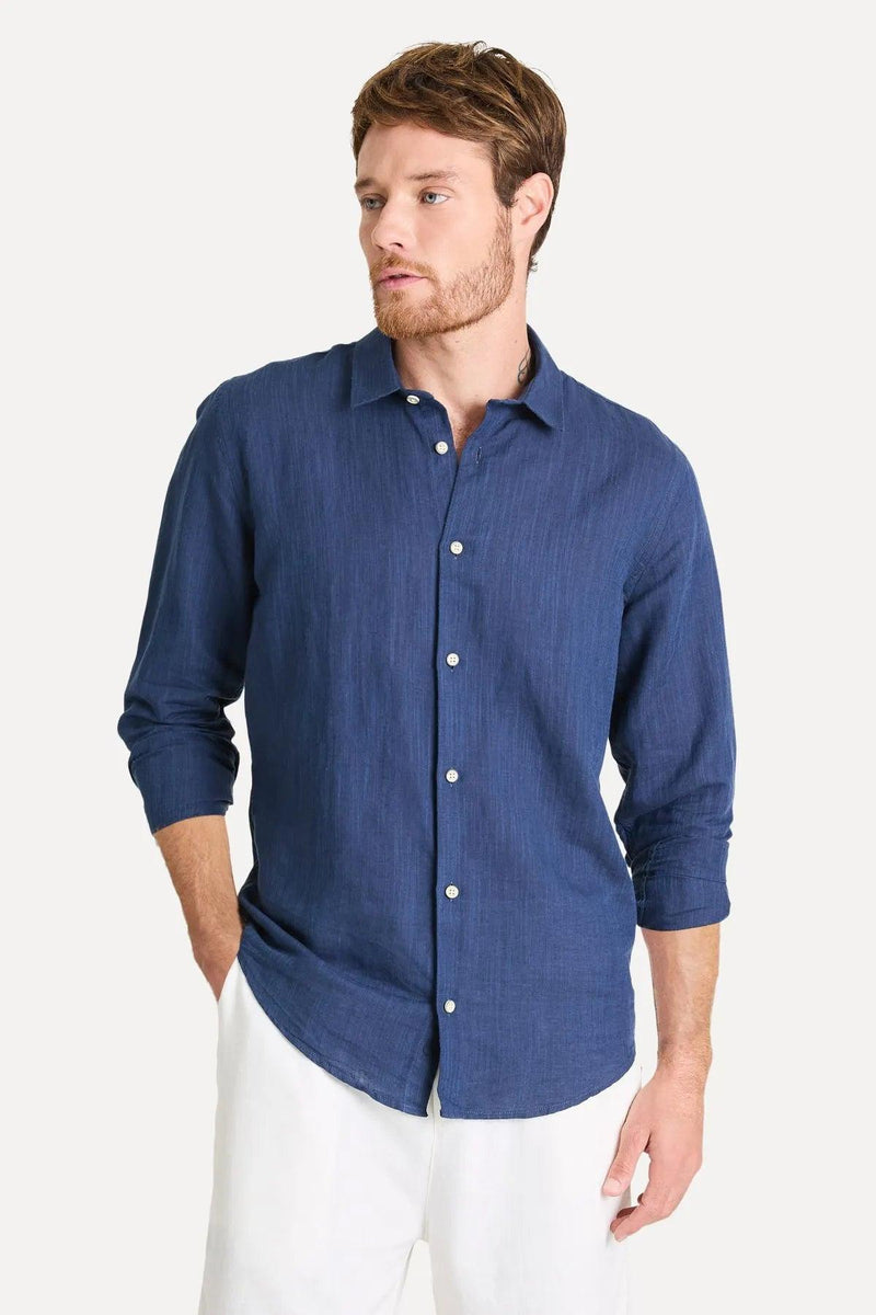 Camisa ML de Linho azul marinho levemente quadriculada AD LIFE STYLE