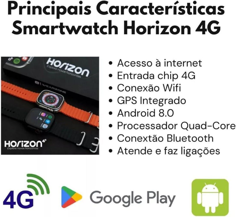 Smartwatch Horizon 4G Android -2 Pulseiras, GPS, 4G e celular de Pulso