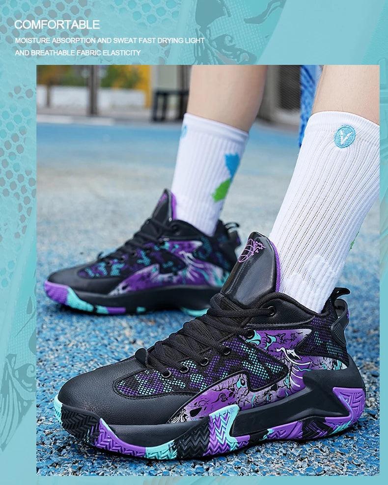 Tênis de Basquete Preto e Lilas respirável anti-suor estilo e antiderrapante