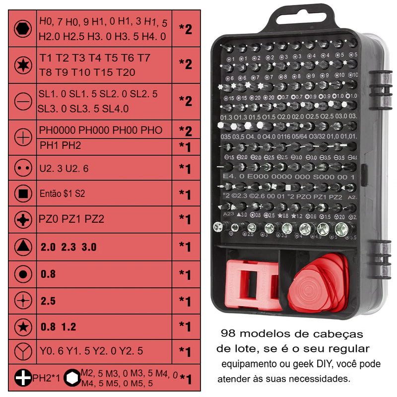 Kit de Ferramentas Multifuncional Magnetic Precision Screwdriver Set - 115 em 1 para Reparos de Computadores, Laptops, Telefones e MacBooks